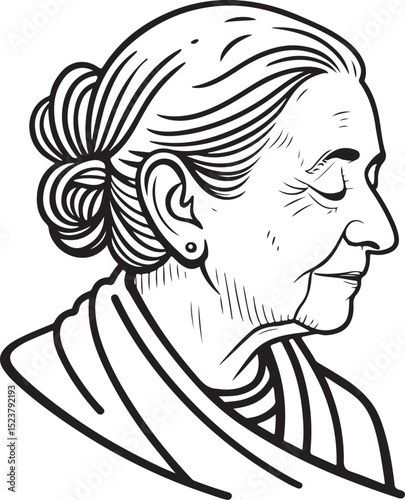 Old Elderly Senior Woman Grandmother Vector Illustration, Sketch Drawing Line Linear Symbol Icon Engraving Coloring Book, Hand-drawn Black and White Isolated