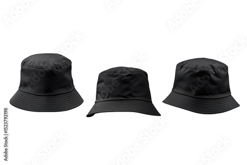Three dark gray bucket hats displayed, showing front, side, and back views