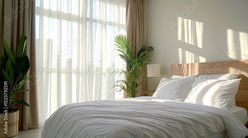 Cozy Bedroom White Bedding Morning Sunlight Minimal Interior