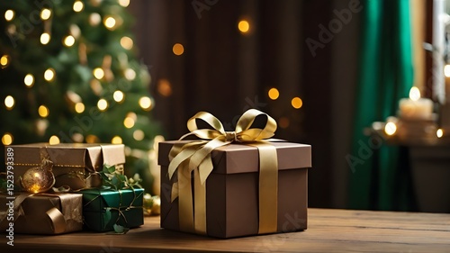 Elegant Matte Brown Gift Box with Green Ambient Lighting in Cozy Autumn Room
