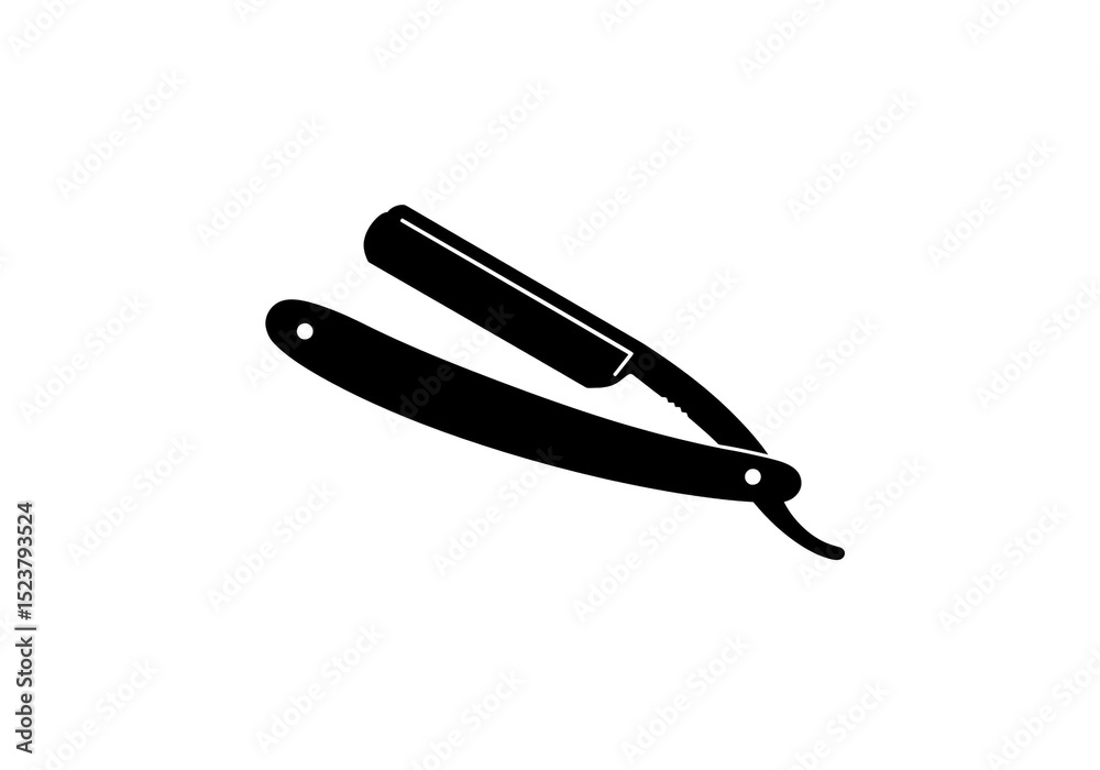 A black and white graphic illustration of a straight razor with an open blade on a white background A black and white graphic illustration of a straight razor with an open blade on a white background