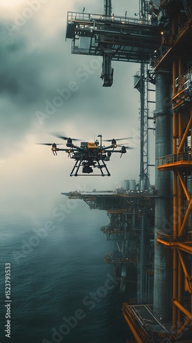 A drone is inspecting and maintaining offshore wind farms, ensuring optimal performance and sustainable energy production.