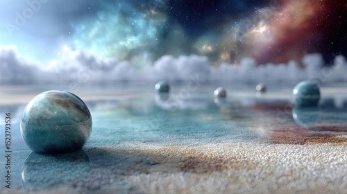 Mental wellness care on diagnosis, therapy and balance concept. Futuristic landscape with planets on a reflective surface.