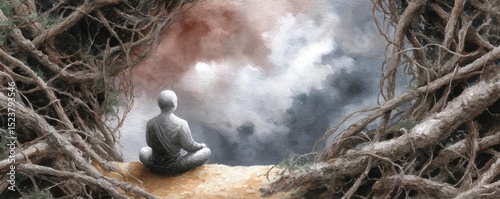 Anxiety disorder through stress healing and support concept. A serene figure meditating in a natural, abstract environment.