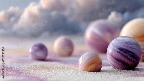 Mental wellness care on diagnosis, therapy and balance concept. A serene landscape of colorful spheres set against soft clouds.