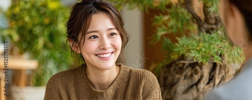 Anxiety disorder through stress healing and support concept. A woman smiling warmly in a cozy indoor setting with plants.