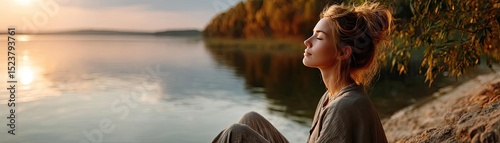 Anxiety disorder through stress healing and support concept. Woman enjoying peaceful moment by tranquil lake at sunset.
