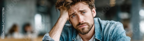 Anxiety disorder through stress healing and support concept. A man struggling with stress and uncertainty in a modern workspace.