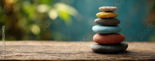 Mental wellness care on diagnosis, therapy and balance concept. A serene stack of colorful stones representing balance and peace.