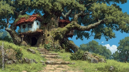 Anime background or wallpaper featuring a hidden treehouse village nestled within an enormous ancient oak forest