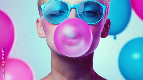 Vibrant girl blowing bubblegum surrounded by balloons