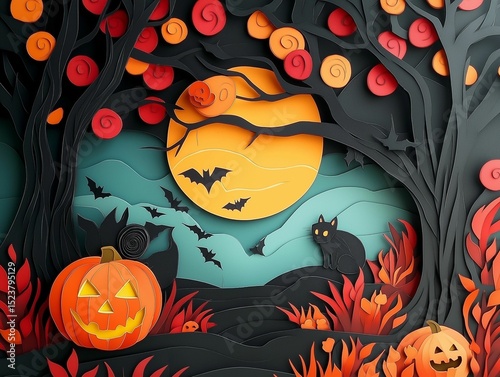 Wallpaper Mural a spooky Halloween night scene with carved pumpkins, a black cat, bats, and a full moon, all rendered in a unique paper-cut style Torontodigital.ca