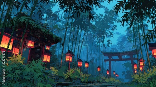 A mystical Anime background or wallpaper showing an ancient shrine hidden in a bamboo grove lanterns glowing at dusk
