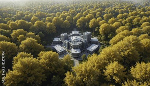 modern circular building is nestled within dense forest of vibrant yellow trees, creating harmonious blend of architecture and nature. aerial view highlights building unique design and lush