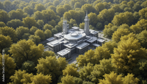 modern architectural structure is nestled within dense forest, surrounded by lush green trees. building features sleek lines and geometric shapes, creating striking contrast with natural