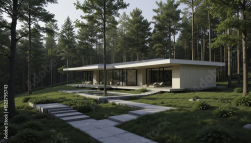 modern, minimalist house with large glass windows is nestled serene forest setting, surrounded by tall trees and lush greenery. architecture blends seamlessly with nature, creating tranquil