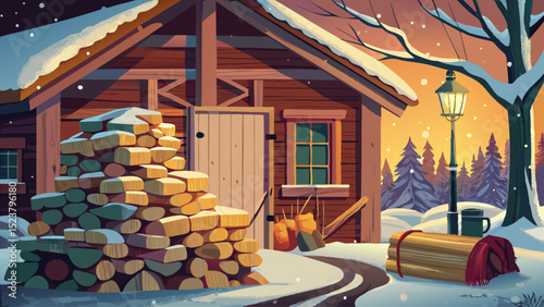 Close-up of stacked firewood by a farmhouse wall, with snow gently falling. Warm lantern light, winter coats, wool mittens, and country calm form a serene seasonal composition.

