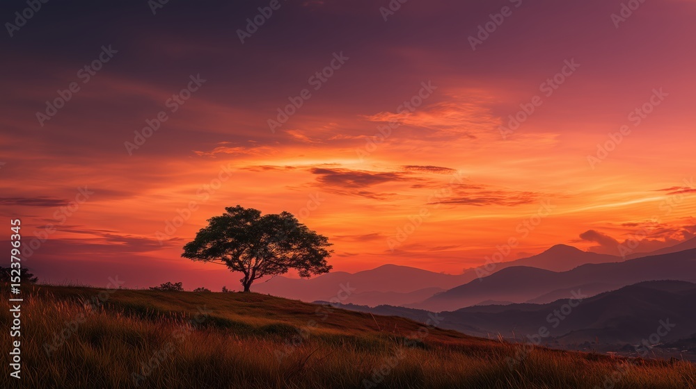 Lone Tree at Golden Hour with Mountain Silhouette – Dramatic Nature Scene Lone Tree at Golden Hour with Mountain Silhouette – Dramatic Nature Scene