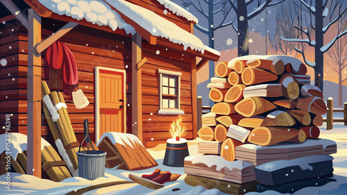 Close-up of stacked firewood by a farmhouse wall, with snow gently falling. Warm lantern light, winter coats, wool mittens, and country calm form a serene seasonal composition.

