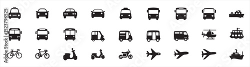 Transportation, Vehicle Icon Set.Car, Bus, Train, Airplane, Bicycle, Boat, Logistics, Public Transit, Travel Symbols for App, Web, UI, and Infographics