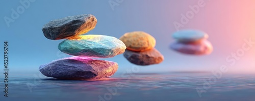 Anxiety disorder through stress healing and support concept. Colorful stones balanced artistically against a serene background.