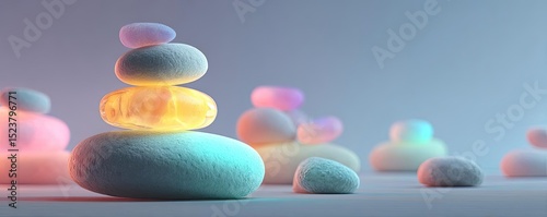 Anxiety disorder through stress healing and support concept. Colorful stacked stones create a calming atmosphere for wellness.