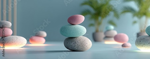 Anxiety disorder through stress healing and support concept. Colorful stacked stones create a tranquil and calming ambiance.