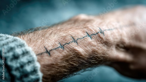 Panic attack by managing stress and fear concept. A close-up of a heartbeat tattoo on a person's forearm.