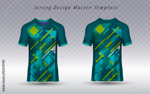 dynamic sports jersey master template showcases a vibrant teal and lime green abstract pattern, ideal for creating custom team uniforms, esports apparel, or athletic wear.
