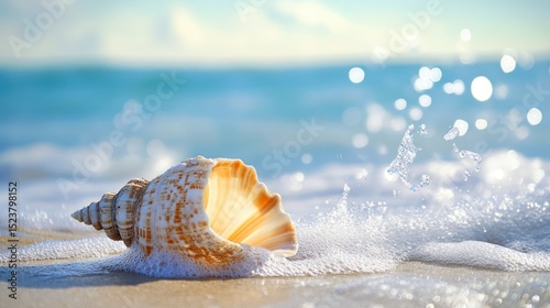 Seashell symphony: a textured spiral serenaded by the ocean's luminous embrace