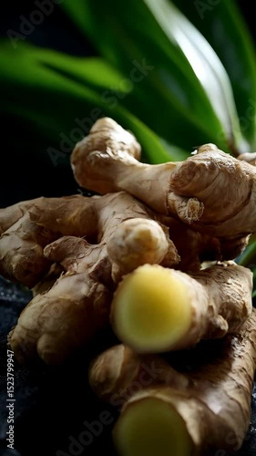 Freshly cut ginger roots close-up on dark surface with green leaves. Aromatic and healthy spice with beneficial properties in food and drinks preparation.