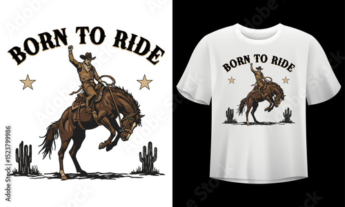 Western Cowboy Rodeo T-Shirt Design – Born to Ride Horseback Vector Illustration