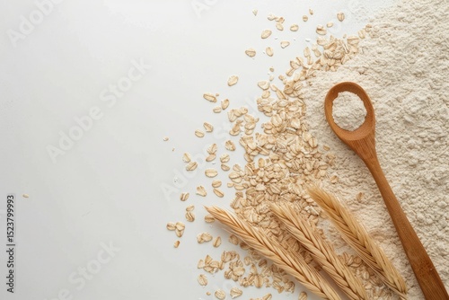 Oatmeal and wooden spoon arranged creatively on a white background from above