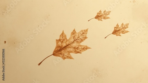Delicate autumn leaves painted in sepia tones float across a textured parchment background with vintage vibes and neutral color palette photo