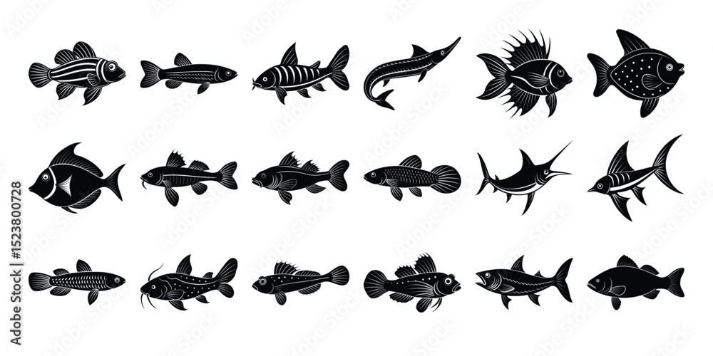 Fototapeta premium Collection of Diverse Fish Species Illustrations of Various Aquatic Life