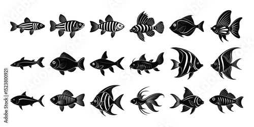 Collection of Diverse Fish Species Silhouettes and Illustrations
