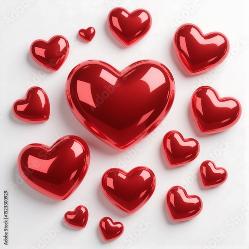 3D glossy red heart clipart bundle on white background, shiny design for love, wedding, and romance.