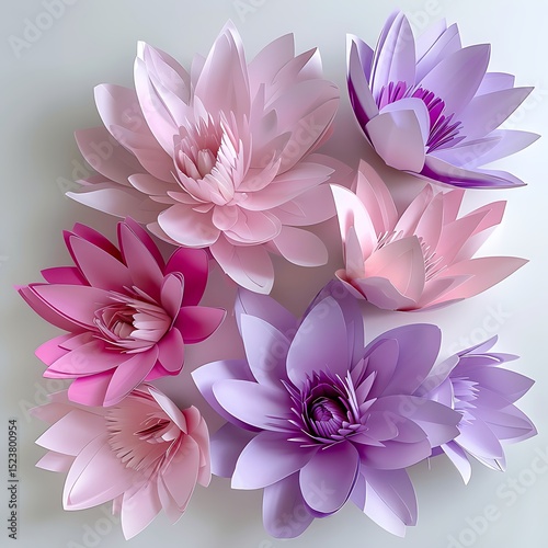 **A Clean Flat Lay Of Folded Paper Lotus Flowers In Soft Pinks And Purples, Arranged In A Circular Or Mandala Pattern. Use Gentle Shadows For Realism. Ideal For Wellness-Themed Visuals, Meditation Spa