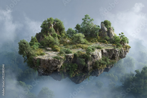 Floating Island Covered in Lush Greenery and Rocks in the Sky