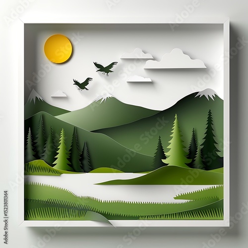 **A Layered Paper Diorama Of A Nature Landscape Enclosed In A White Paper Shadow Box. Include Mountains, Trees, Clouds, And Birds In Flight, With Each Element In A Different Layer For Depth. Use Earth