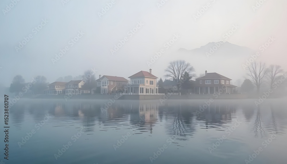Fototapeta premium Foggy Morning at the Lakefront Houses in Serene Atmosphere