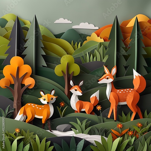 **A 3D Papercraft Forest Scene With Folded Animals Like Deer, Foxes, And Rabbits Made From Textured Paper. Set In A Layered Forest Backdrop With Trees, Grass, And Rocks All Constructed From Colored Ca