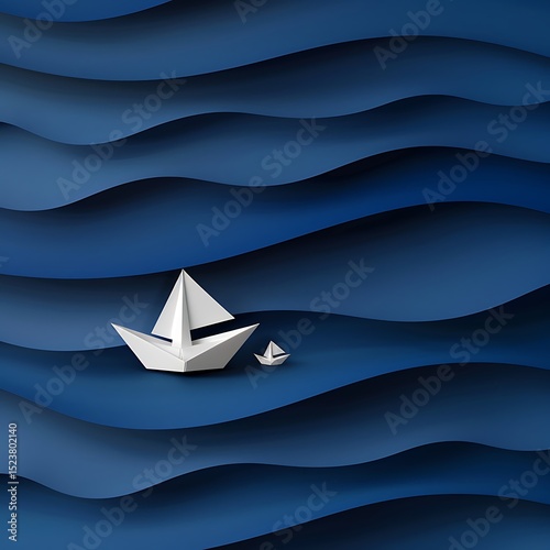 **Flat Lay Of Several White Origami Boats Arranged On Layered Blue Paper Strips Mimicking Waves. Use Gradient Shades Of Blue To Simulate Ocean Depth, With Boats Placed At Varying Angles. Add Light Dir