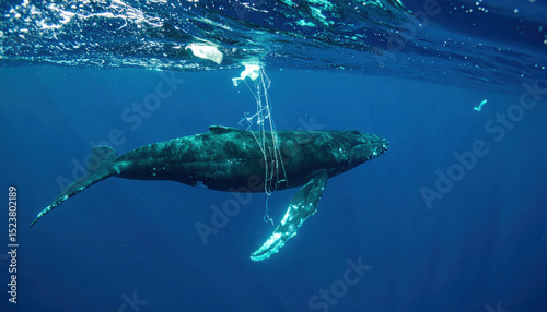 Whale entangled in ocean plastic waste, swimming freely