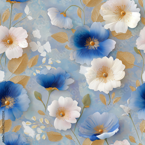 Wallpaper Mural Blue and white flowers, seamless floral background, pattern with oil painting style effect Torontodigital.ca