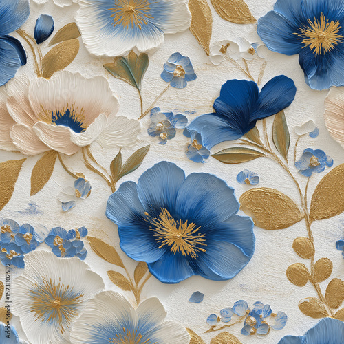 Wallpaper Mural Blue and white seamless floral background, pattern with oil painting style effect Torontodigital.ca