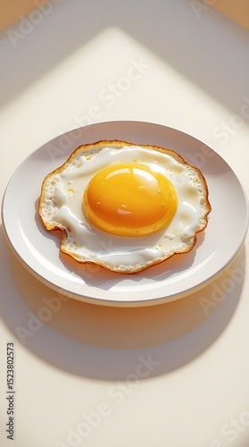 A close up of a fried egg on a white plate. 