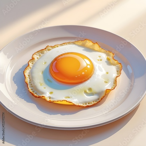 A close up of a fried egg on a white plate. 