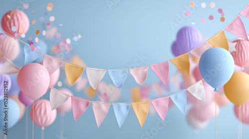 Wallpaper Mural Festive decoration with flags, party streamers and confetti, blue  background Torontodigital.ca