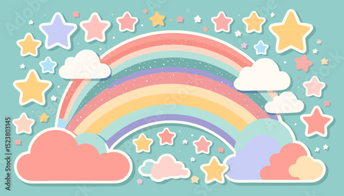 Colorful Rainbow and Stars with Clouds on a Pastel Background for Whimsical and Dreamy Designs